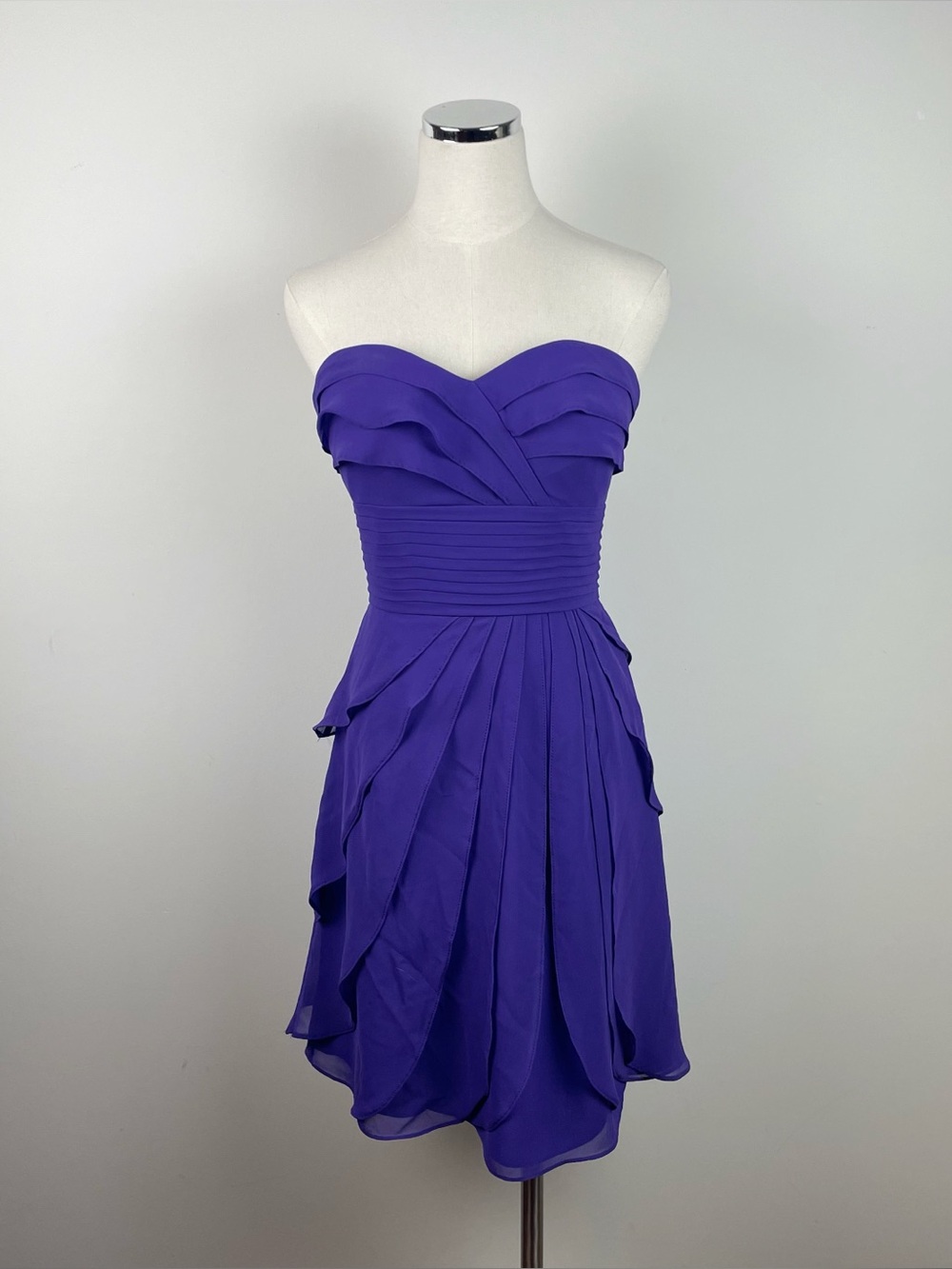 Bill Levkoff Solid Purple Sweetheart Draped Ruffle Dress Women Size 4 Party